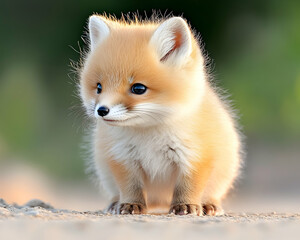 Obraz premium Adorable fox kit outdoors, sunset background, wildlife nature