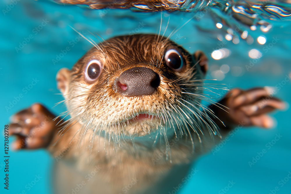 Poster a partially overhead viewpoint revealing the otterâ€™s round face and large eyes looking up, small