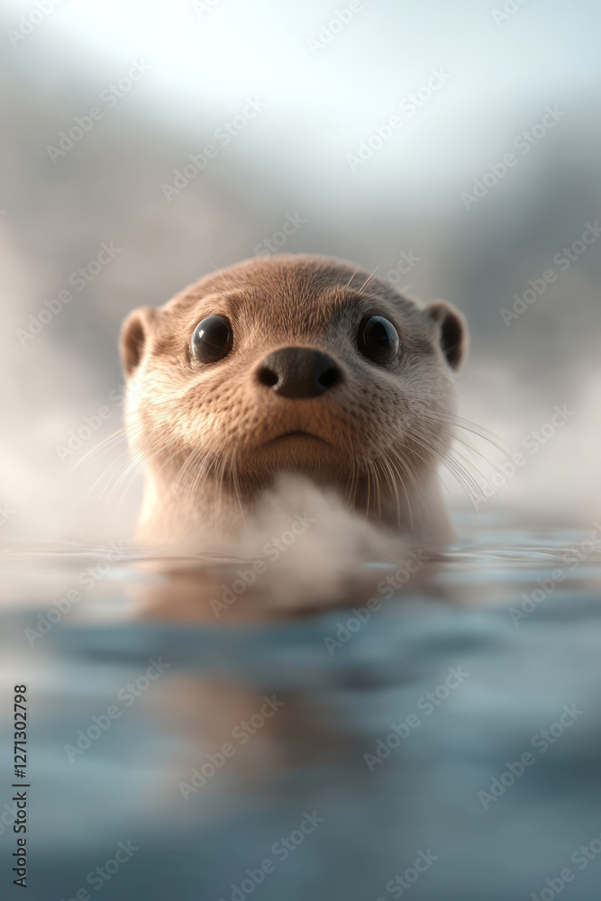 Poster a subtly misty environment with the otter resting in the bubbly water, soft highlights on its damp