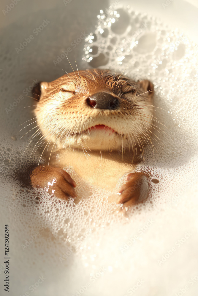 Poster a subtly misty environment with the otter resting in the bubbly water, soft highlights on its damp