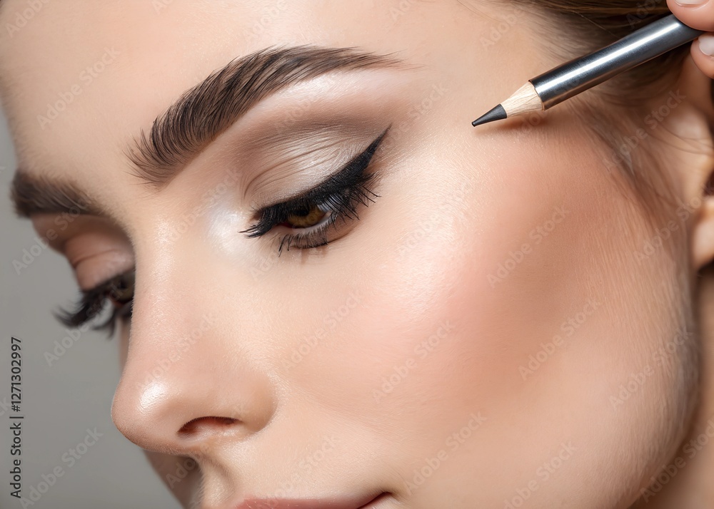 Wall mural Close-up of a woman's eye with eyebrow pencil application, natural makeup detail, beauty and cosmetics concept, precision and definition, professional makeup, studio photography, subtle and elegant.