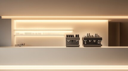 Minimalist coffee bar with a clean white counter, sleek espresso machines, and warm ambient lighting.