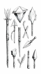 Ancient Weapons & Gems  A collection of prehistoric tools and treasure against a white background; ideal for history books