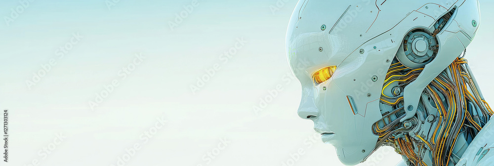 Poster a sleek, humanoid robot poised with a porcelain-smooth face, golden circuit pathways faintly