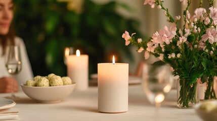 Elegant Cozy dining room scene candles flickering as family members pass around bowls of matzah ball soup during Passover Seder 