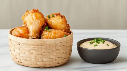 Elegant Crispy chicken wings glazed in honey barbecue sauce garnished with green onions served in a rustic basket next to ranch dip 