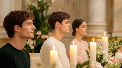 Elegant Devotees lighting candles in a Spanish church during Holy Week the warm glow illuminating sacred statues and religious paintings 