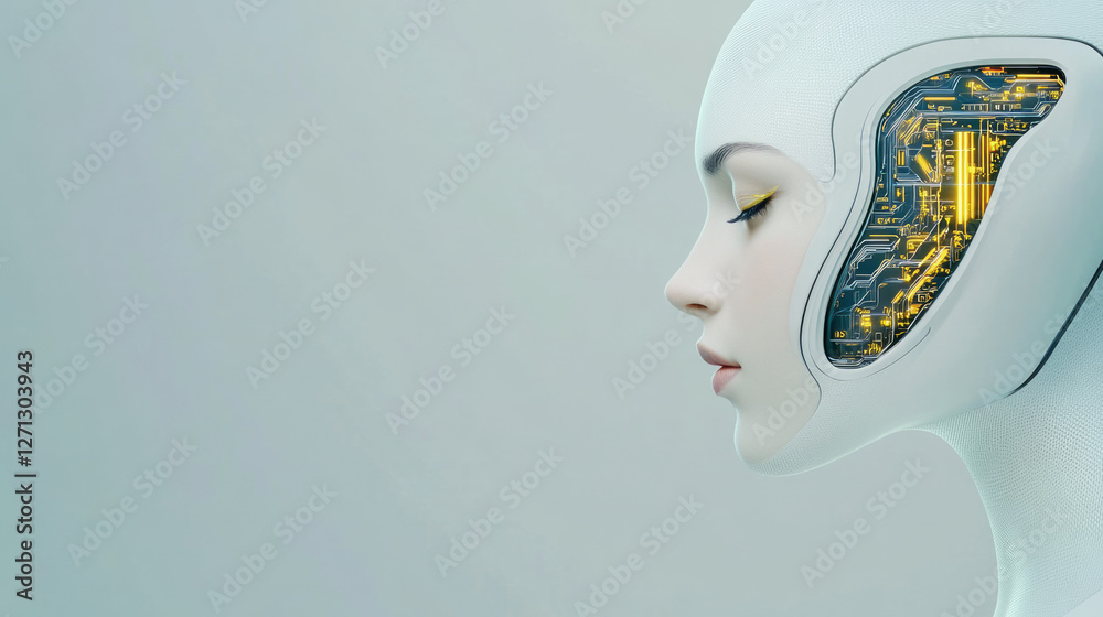 Poster a calming gray backdrop frames the androidâ€™s poised stance, the contours of its face reminiscent