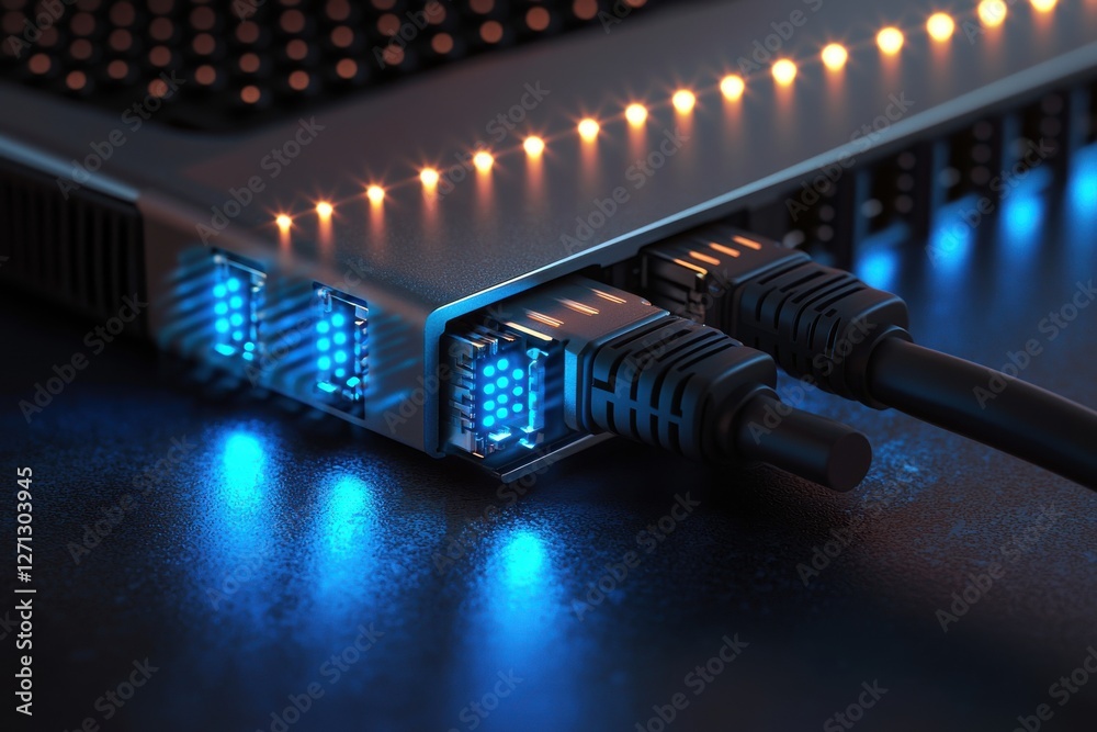 Poster close-up on network switch with ethernet cables connected, symbolizing data transfer and network inf