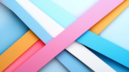 Abstract composition of colorful paper strips crossing each other on a soft blue background creating a dynamic visual pattern ideal for creative and artistic projects