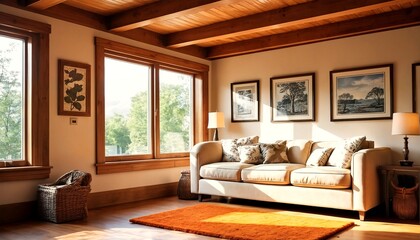Fototapeta premium a cozy living room with natural wood accents.