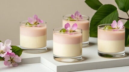 Elegant Elegant sakura panna cotta topped with cherry blossom jelly served in crystal clear glasses delicate and creamy pastel pink hues 