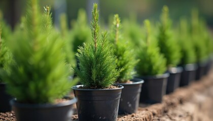Young coniferous trees seedlings in pots at plant nursery. Green pine saplings grow for sale in garden center or greenhouse. Cultivation of decorative plants for landscape design.