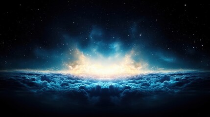 Fototapeta premium Ethereal Blue and Dark Cosmic Landscape with Glowing Stars and Clouds
