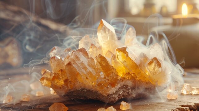A cluster of citrine healing crystals emits a soft glow amid gentle sage smoke. Cleansing ritual of gemstones energy