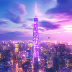 Obraz premium Towering Skyscraper at Twilight Illuminated in Neon Pink Hues Captivating Cityscape Aesthetic View