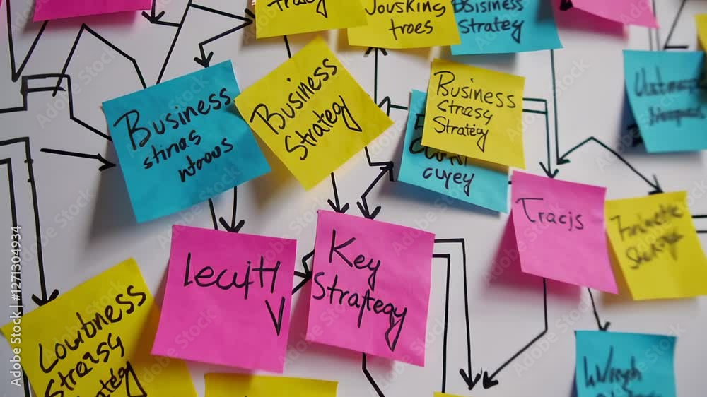 Aufkleber Business team strategizing workflow through colorful sticky notes mapping out project goals, visually representing collaborative planning process on whiteboard in slow motion