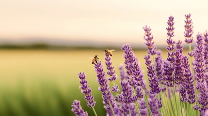 Obraz premium Elegant Field of lavender swaying in the breeze as bees fly from bloom to bloom under golden hour light serene pollination scene 