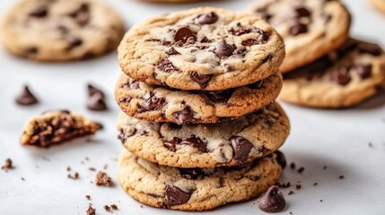 Neatly stacked chocolate chip cookies, with crumbs scattered on a white surface.