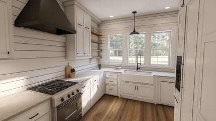 Sunlit minimalist farmhouse kitchen with white cabinetry and wood accents