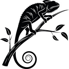 Chameleon Climbing Black Silhouette, Minimalistic Vector Illustration, Animal Silhouette, Reptile Art, Climbing Chameleon, Simple Animal Design, Nature Vector, Vector Illustration of Chameleon.