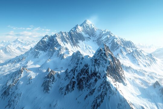 A majestic view of snow-covered mountain peaks against a clear blue sky, creating a stunning winter landscape with rugged terrain and panoramic scenery.