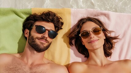 Elegant Friends laying back on colorful beach towels basking in the sun with sunglasses and wide smiles as waves crash in the background 