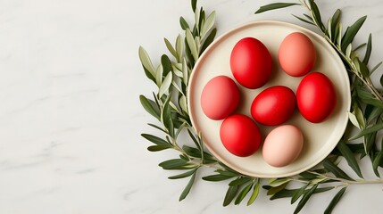 Elegant Greek Orthodox Easter eggs in rich red hues symbolizing renewal and life arranged with olive branches on a rustic ceramic plate 