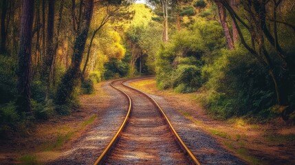 Fototapeta premium Old railway track running parallel to a rural dirt road, disappearing into a tunnel of dense trees.