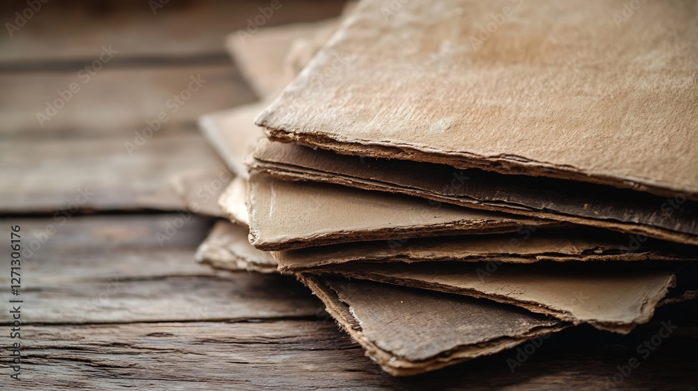 Poster CloseUp View of Rustic and Textured Craft Paper Sheets on Natural Wooden Surface : Generative AI