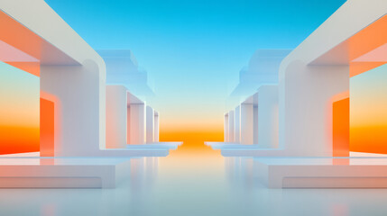 A futuristic atrium where orange-lit corridors contrast against translucent blue glass ceilings,