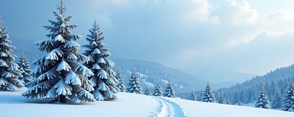 Obraz premium Snow-dusted evergreen trees against blue-gray sky, snow dusted, serenity