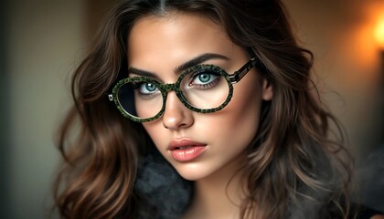 Obraz premium A young woman with long brown hair and green eyes wearing glasses.