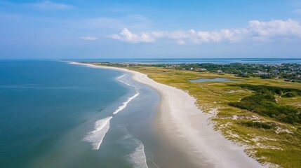 Overhead shot of a sandy beach meeting the ocean, with calm water and soft waves, leaving plenty of space for design.