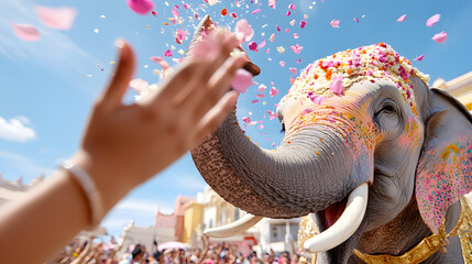 Decorated elephant showered with pink flower petals at vibrant Indian festival. Joyful celebration takes place under blue sky. Ideal for travel photography and cultural storytelling. Selective focus