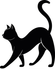 Cat Stretching Black Silhouette, Minimalistic Vector Illustration, Cat Silhouette, Stretching Cat Design, Minimalist Animal Art, Cat Vector, Elegant Cat Pose, Simple Vector Illustration.