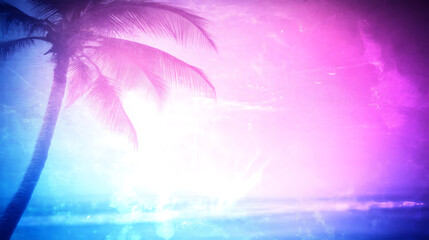 Obraz premium Tropical Palm Silhouette Against Colorful Sunset Sky Dreamy Aesthetic Paradise Beach Scenery