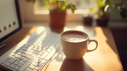 A sunlit desk hosts a steaming cup of coffee beside a keyboard, capturing a blend of morning tranquility and digital life.
