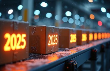 Illuminated 2025 boxes move on conveyor belt at winter. Production facility shows automation, innovation in manufacturing, logistics. Cardboard box symbolizes planning, efficiency, supply chain tech.