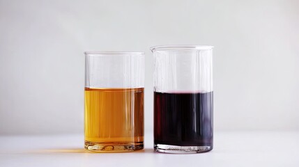 A glass container filled with crude oil next to a clear sample of refined fuel