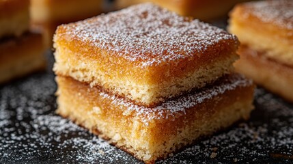 Stacked powdered sugar orange squares, baking sheet background