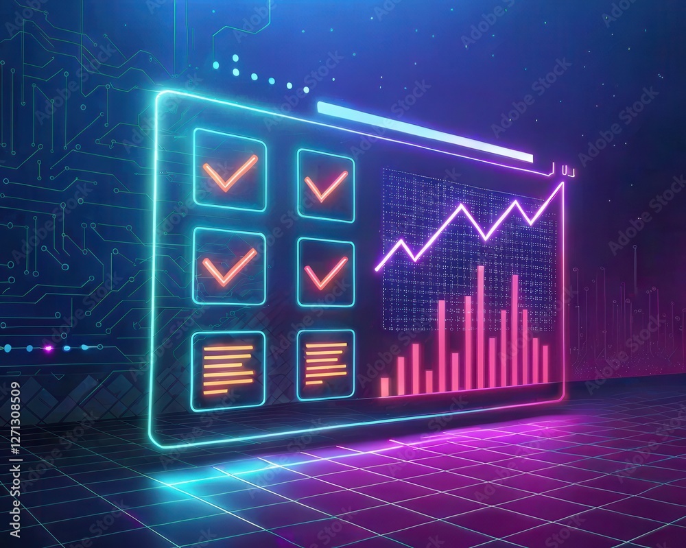 Poster a futuristic digital interface showcasing graphs and check marks, highlighting data analysis in vibr