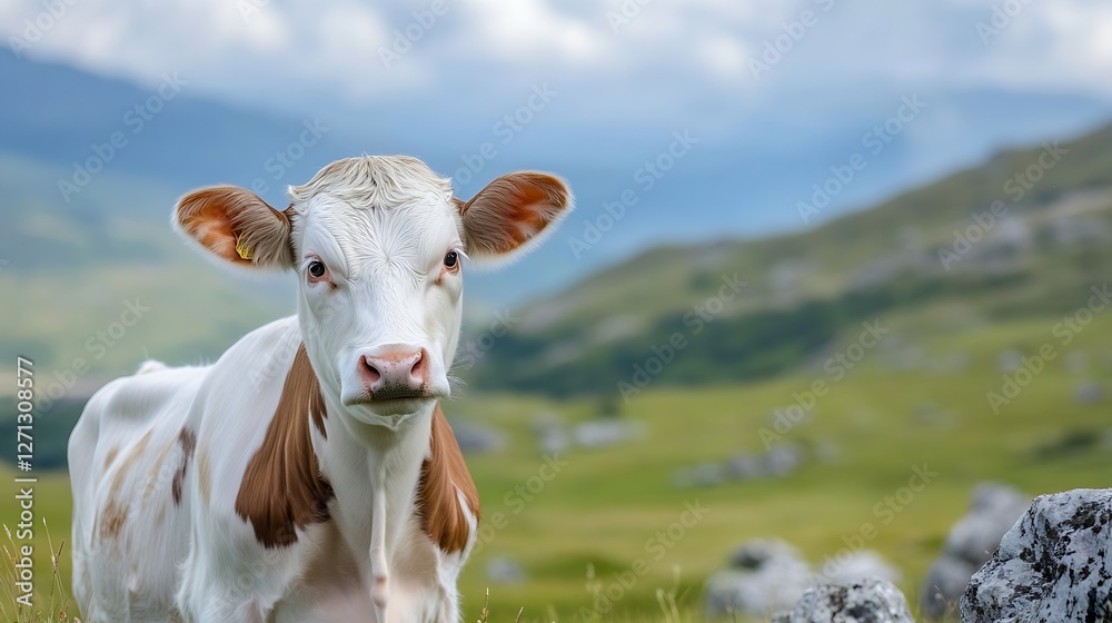 Poster curious cow in green meadow with rolling hills and dramatic clouds : generative ai