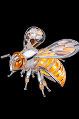 Chrome bee brooch, insect jewelry, studio shot, black background, nature accessory
