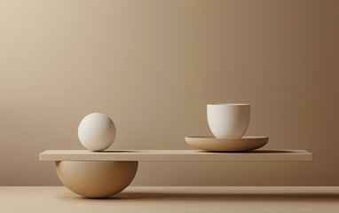 A minimalist arrangement featuring a wooden tray with a spherical object and a white cup, set against a warm, neutral background.