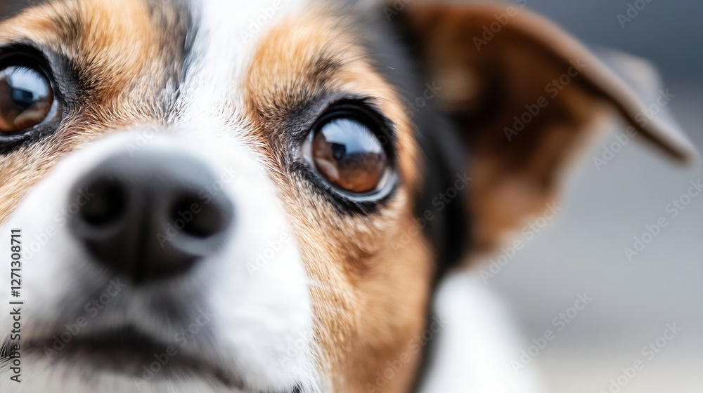 Poster closeup of a curious dog looking directly at the camera with bright eyes and a cheerful expression :