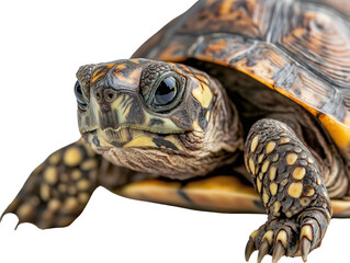Naklejka premium A vibrant tortoise with a beautifully patterned shell and striking yellow-orange markings on its face and legs is shown in close-up.