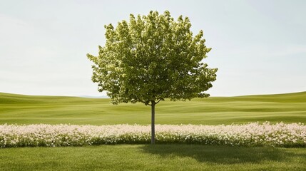 Elegant Oak tree standing in an open meadow surrounded by wildflowers in full bloom under a bright blue sky celebrating Arbor Day serenity 