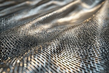 Abstract close-up of metallic netting with subtle light reflections, creating a futuristic, industrial texture, suitable for backgrounds and modern design concepts.