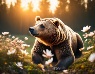 Majestic Bear in a Dreamlike Natural Setting – Enchanting Wildlife Photography with Flowers and Mystical Lighting